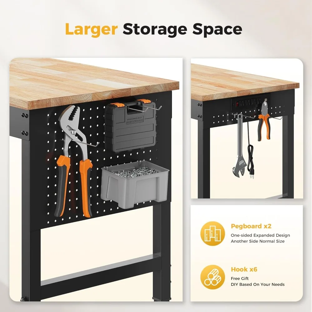 60" Heavy Duty Workbench 2000LB Load Adjustable Height with Pegboard Power Outlets Garage Workshop