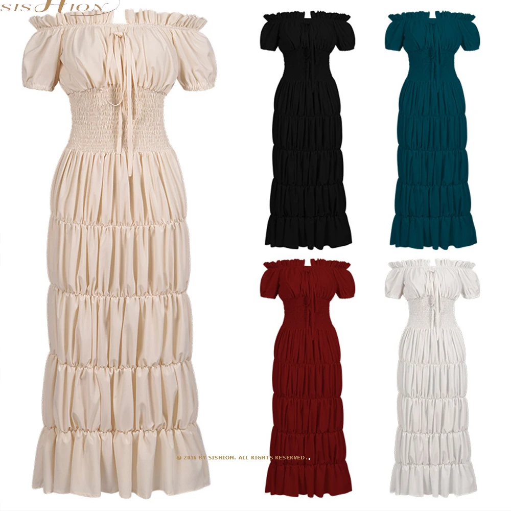 

SISHION Medieval Vintage Slash Neck Prom Stage Dress Women Renaissance Victoria Dance Apricot Black Red Party Dresses VD4039