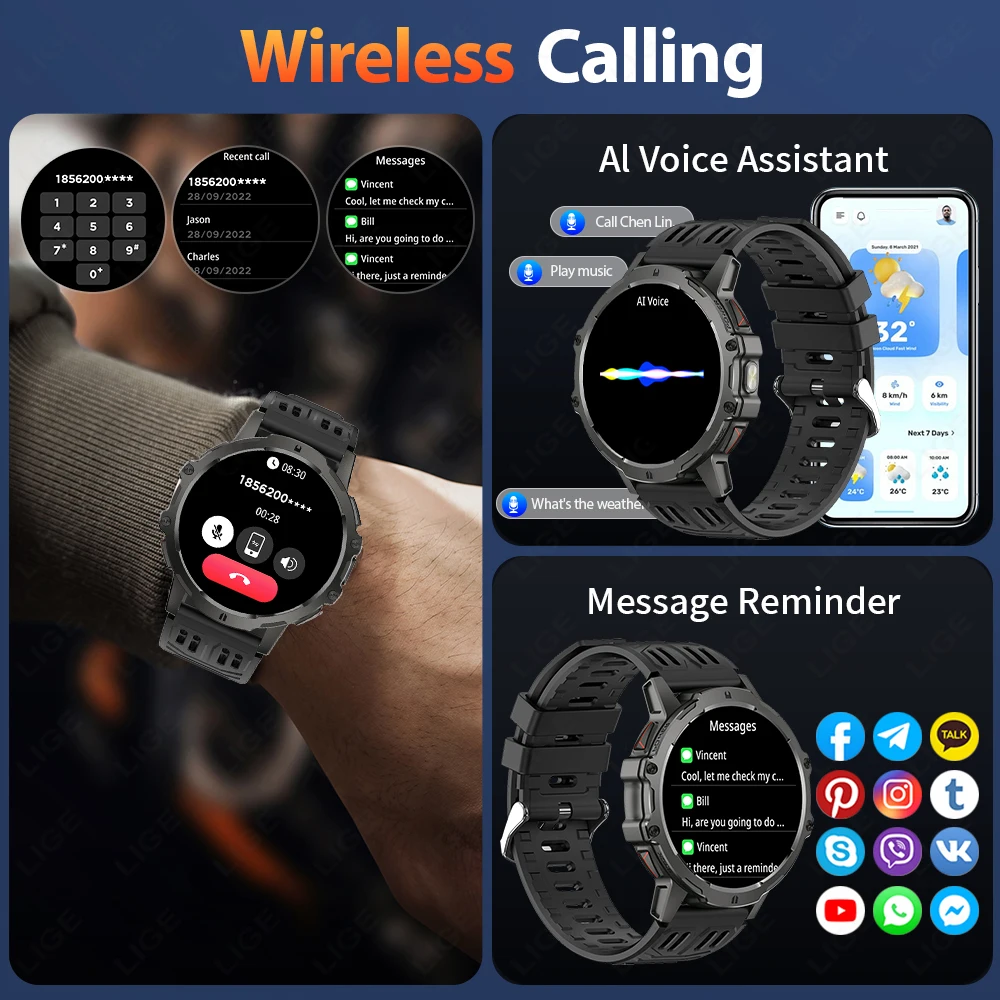 LIGE 2025 New 1000mAh Smart Watch Men Sport Fitness LED Flashlight 3ATM Waterproof 1.7-inch BT Call Smartwatch For HUAWEI XIAOMI