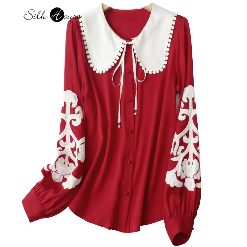 

New Silk Doll Neck Shirt Fashion Western-style Age-reducing Shirt Silk Long Sleeve Design Small Female Fashion Top