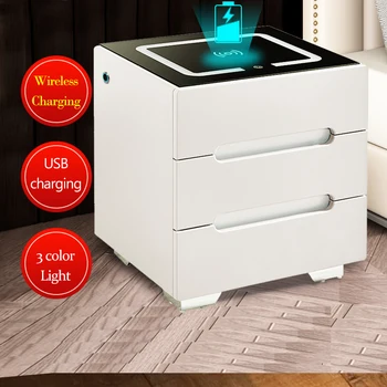 Nordic Style Smart Night Stands Modern Bedroom 3 Drawers Bedside Table with LED Light Hotel Wireless Charging Night Tables