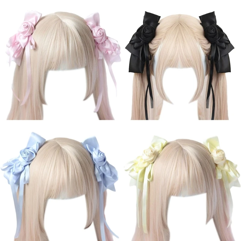 

2pcs Delicate Rose Ribbon&Bowknot Hair Clip Girls Ponytail Bangs Braids Hairpins