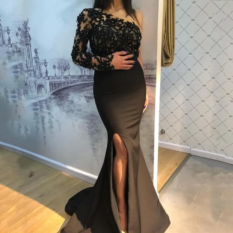 

Black Luxury Evening dress Mermaid sexy single rotator sleeve side split Simple ball dress Formal party second reception dress