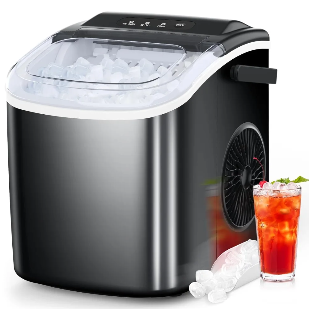 Portable Ice Machine with Self-Cleaning, 26.5lbs/24Hrs, 9 Bullet Ice Cubes in 6 Mins, Basket