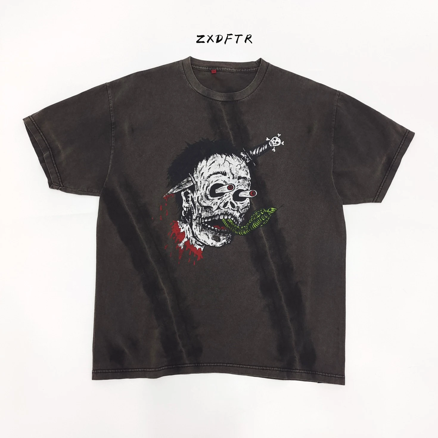 

ZXDFTR GD Summer Men's Vintage Tee Washed Monster Print Cotton Short Sleeves