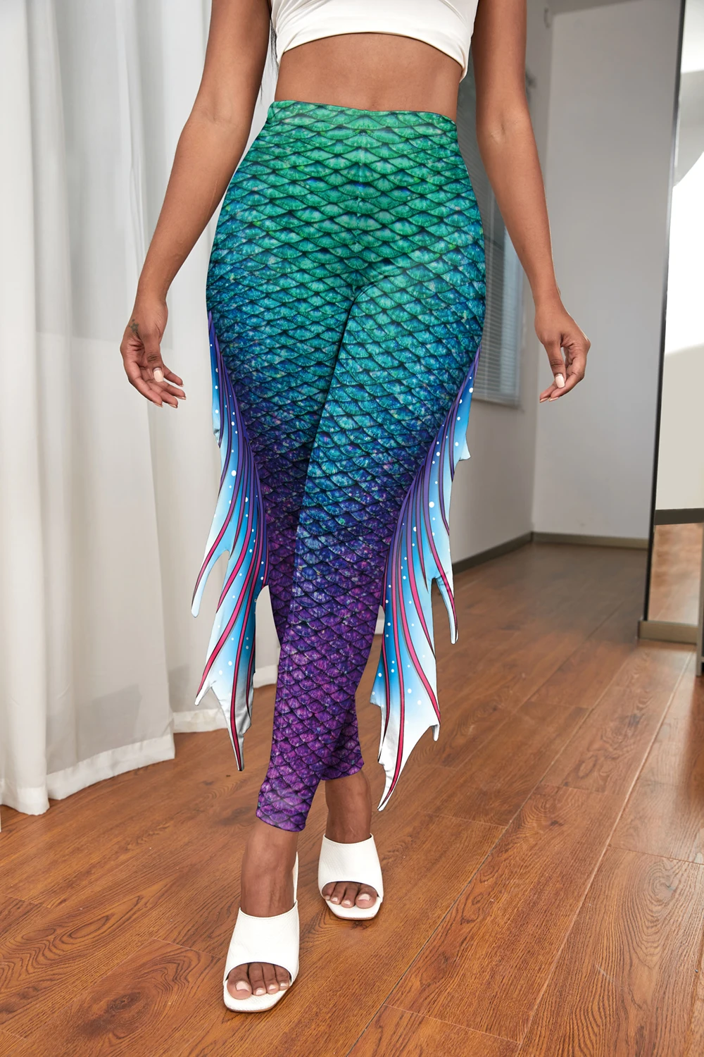 Nadanbao Bunte Meerjungfrau-Leggings für Damen, Fischschuppen-Druckhose, elastische Yoga-Strumpfhose, Outdoor, Urlaub, Party, Strandhose – Detail 33