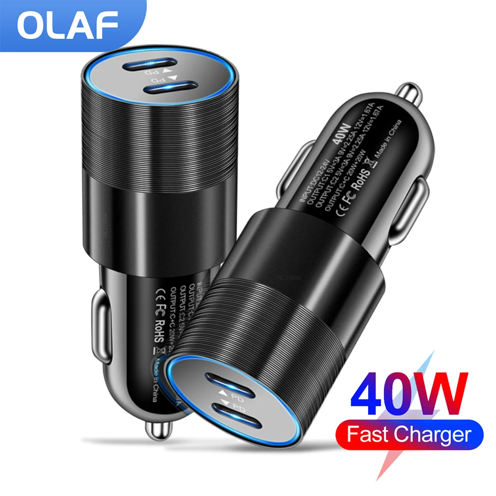 Car Phone Charger Dual USB C 40W 2 Port for iPhone Samsung