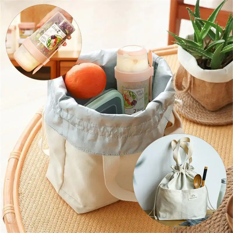 

Drawstring Canvas Insulated Lunch Bag Thicken Thermal Bento Box Bag Portable Cooler Handbag Lid Breakfast Food Bowl Lunch Box