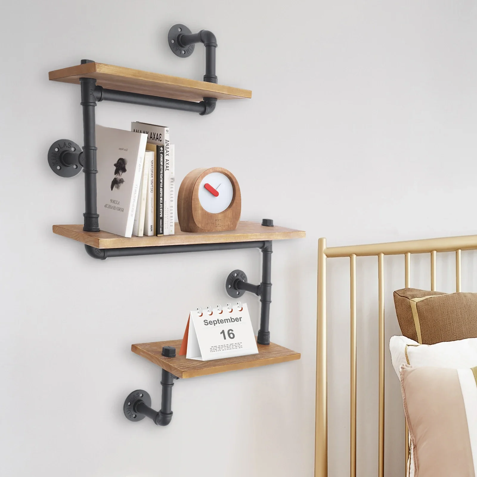 3-Shelves Vintage Industrial Pipe Wall Shelf Bracket Wooden Bookshelf Kitchen Shelf Brown Wall Mounted Pipe Design Bookcases