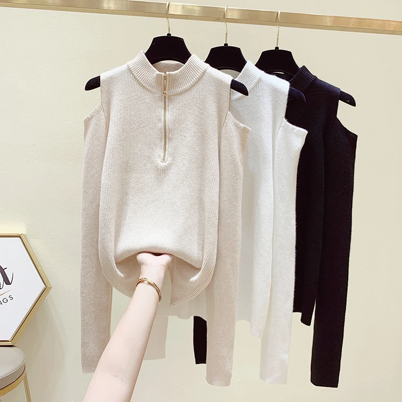 

New Autumn Slim Knitwear Women's Pullover Zipper Off-the-Shoulder Sweater Bottoming Winter Fashion Female Clothing Tops 24056