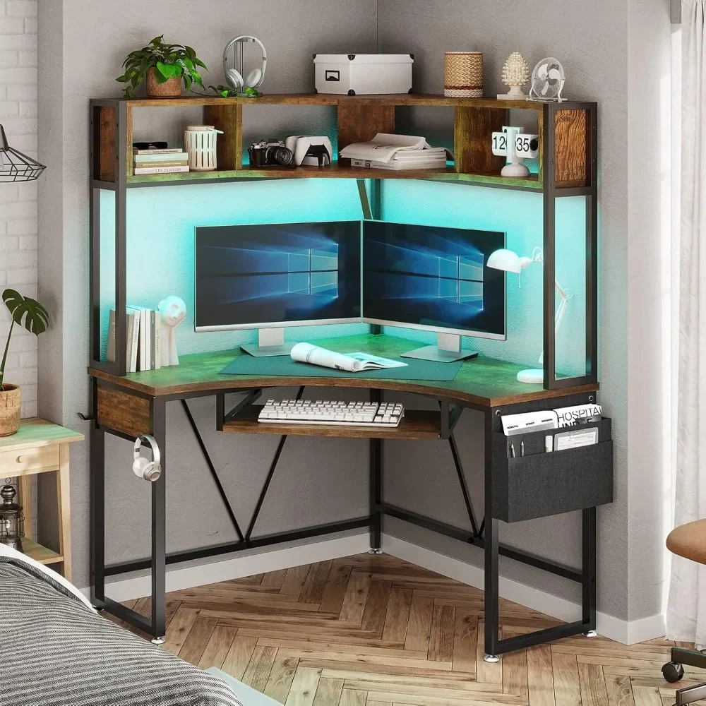 Small Computer Desk with Hutch & LED Lights, Triangle Corner Computer Desk with Keyboard Tray, Storage Bag 3