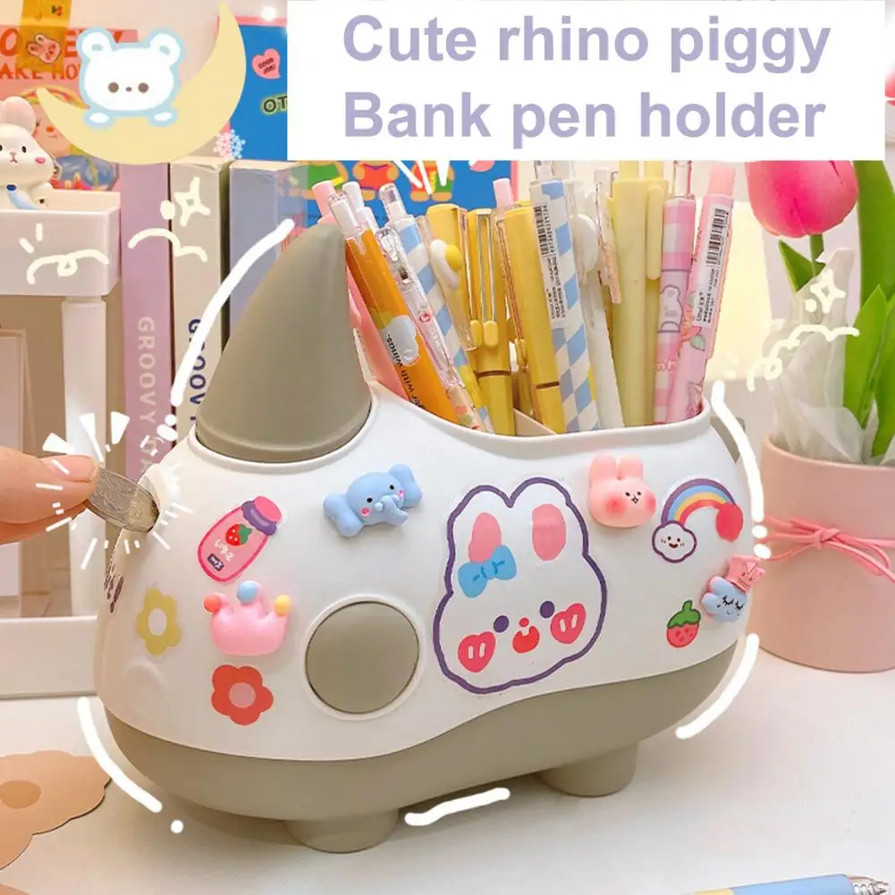 

Pen Container High Capacity Multifunctional Birthday Gift Plastic Cartoon Rhino Shape Piggy Bank Home Decor for Student