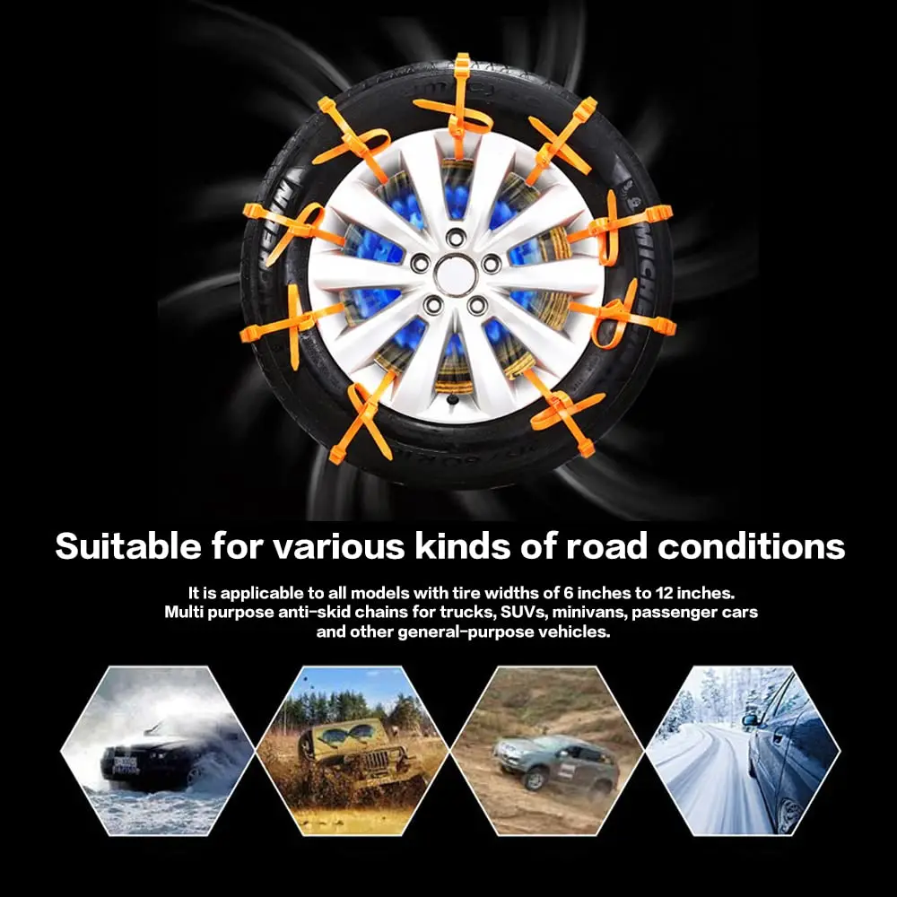 Tire Chains 12 PCS Universal Car Snow Chains Portable Winter Tyres Wheels Non-Slip Cable Tie Reusable Anti-skid Nylon Tire