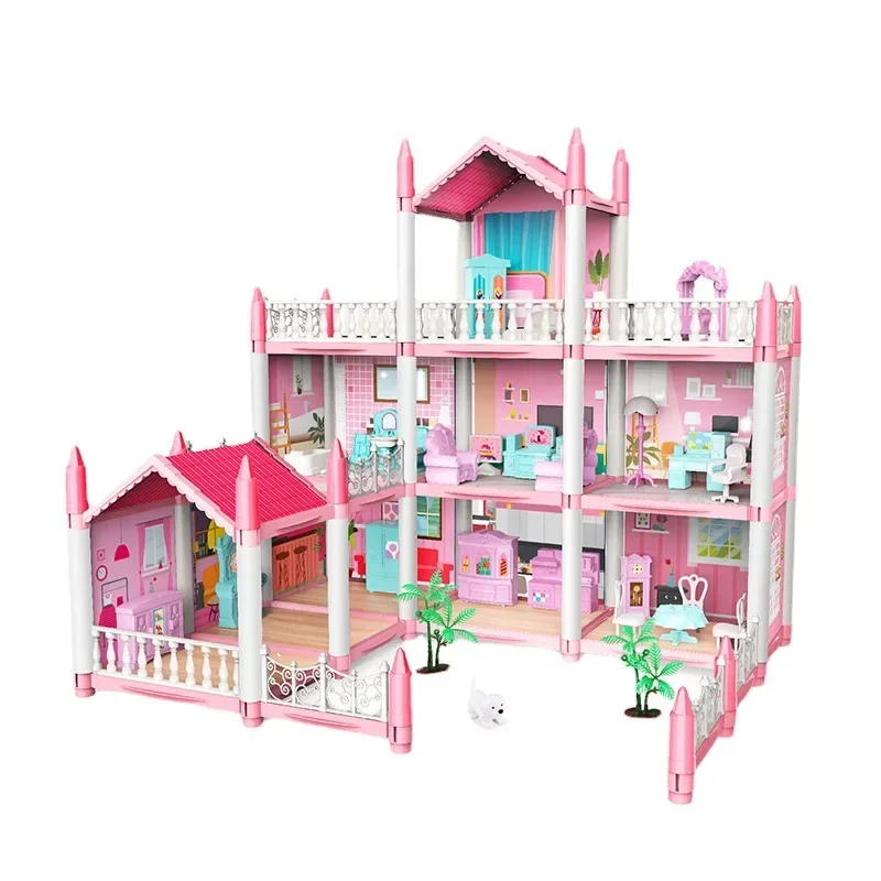 Large Doll House Assembly Villa House 3D Diy Dream Princess Castle Villa Assembly Doll House Set Toy Girl Pretend Family Toy