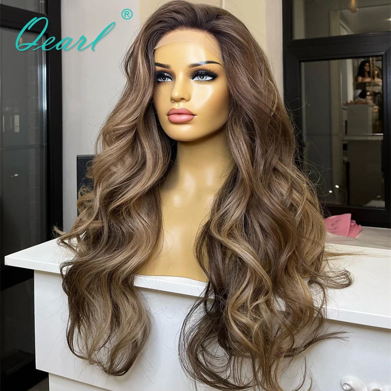 Invisible Transparent Lace Frontal Wigs 13x6 Ash Brown Blonde Highlights Colored Brazilian 100% Real Human Hair Wig Sale Qearl