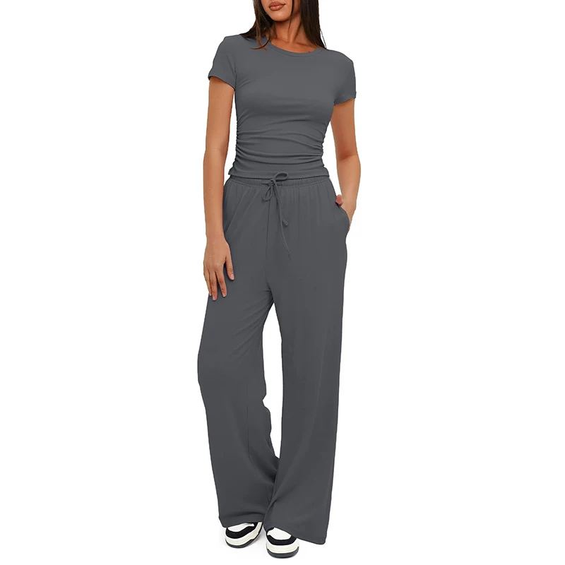 Women's elegant wide leg long pants short sleeved top casual loose sportswear XS-2XL 7Colors