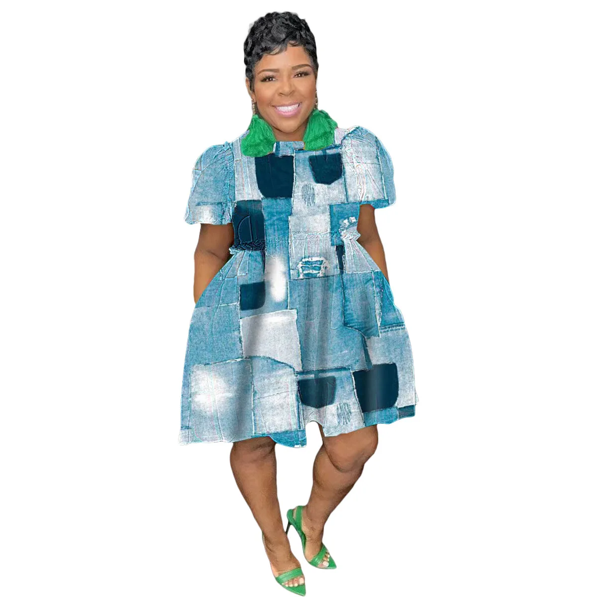 Plus Size Loose Elegant Dress Women Print Puff Sleeve Pretty Cloth Female Casual Wide Gowns 2023 Summer New In Party Dress