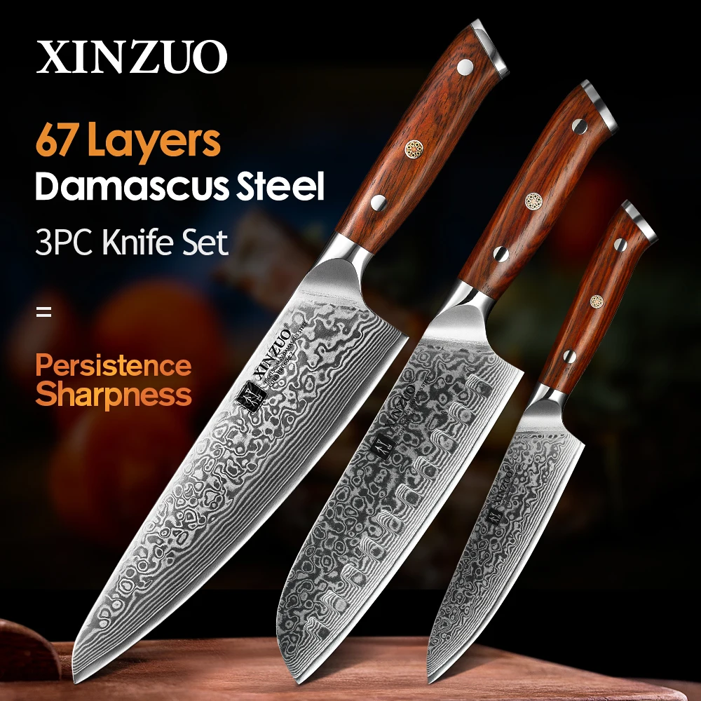 XINZUO 1-3PCS ชุดมีดครัว 67 ชั้นเหล็กดามัสกัสสูงคาร์บอน Chef Santoku Utility มีด Rosewood Handle เครื่องมือทําอาหาร 1