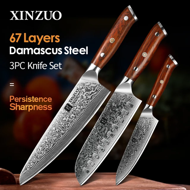 XINZUO 1-3PCS ชุดมีดครัว 67 ชั้นเหล็กดามัสกัสสูงคาร์บอน Chef Santoku Utility มีด Rosewood Handle เครื่องมือทําอาหาร 1