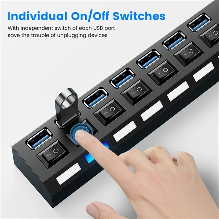 Multi-Port USB Hub Splitter with Power Adapter and Switch - Enhanced Connectivity for PC and Laptop Accessories
