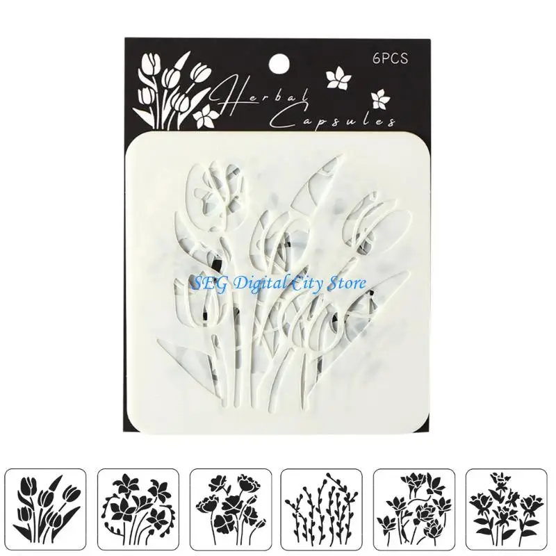 U75B 6 Pcs 드로잉 템플릿 PET 저널 스텐실 스크랩북 용 꽃 스텐실