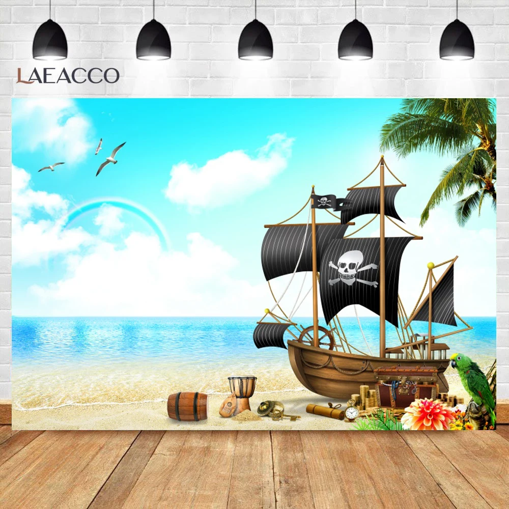 Photo Backgrounds Boy Birthday Party Birthday Photography Background Pirate Boat at Sea Exploring Cave Treasures-8x6ft