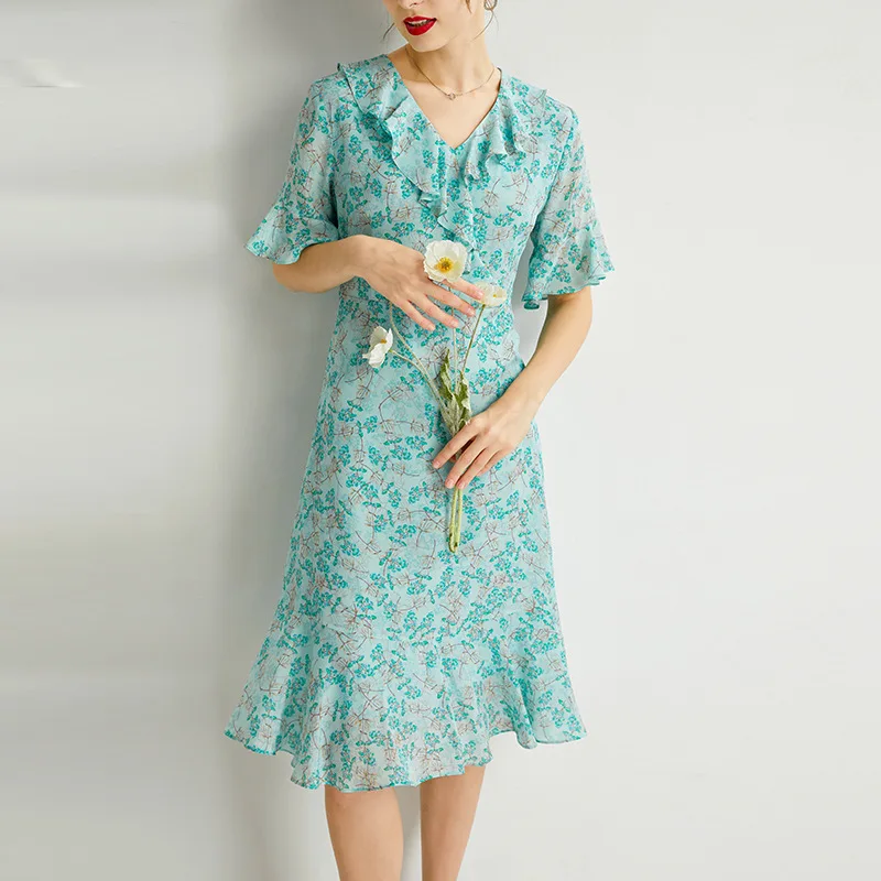 

Pure Silk Dress for Women, V-Neck, Butterfly Sleeve, Slim Waist, Ruffles Dress, Mulberry Silk, Crepe De Chine Dress, FS2327