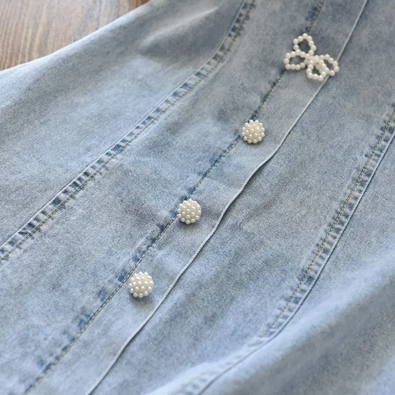 Girls Dress Children Girls Beads Lace Sleeve Denim Dress Toddler Summer Dress