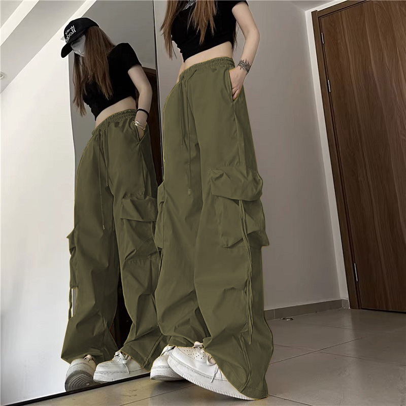 Y2K Retro Baggy Pants Fashion Women Solid High Waist Pocket Oversized Joggers Cargo Pant Casual Streetwear Drawstring Trousers