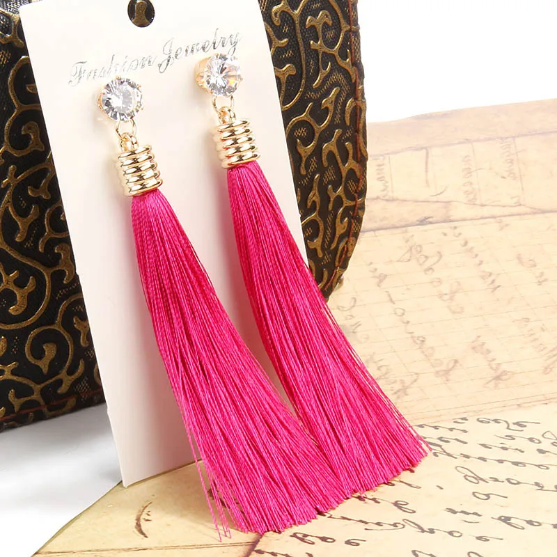 Bohemia Tassel Drop Earrings For Women Trendy Ethnic Crystal Silk Fabric Long Dangle Earring Female Fashion Party Jewelry