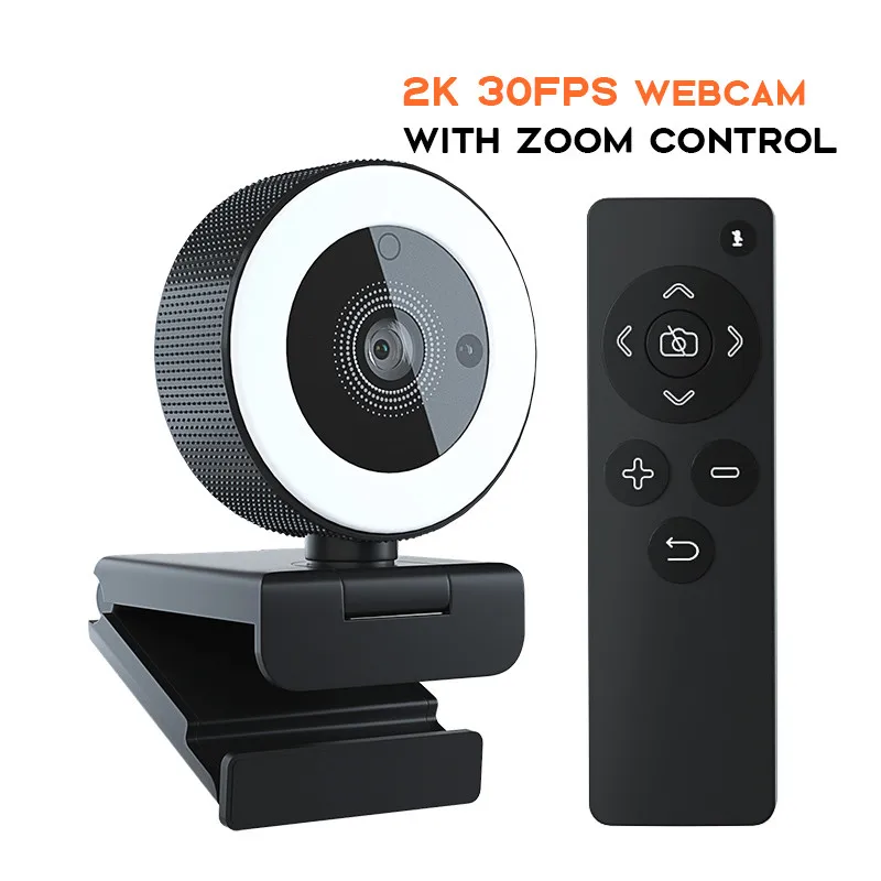 2K HD  Wireless Remote Control 8X Zoom USB Webcam With Audio Fill Light Ring for PC Web Camera Cam USB Online Webcam  Autofocus 5
