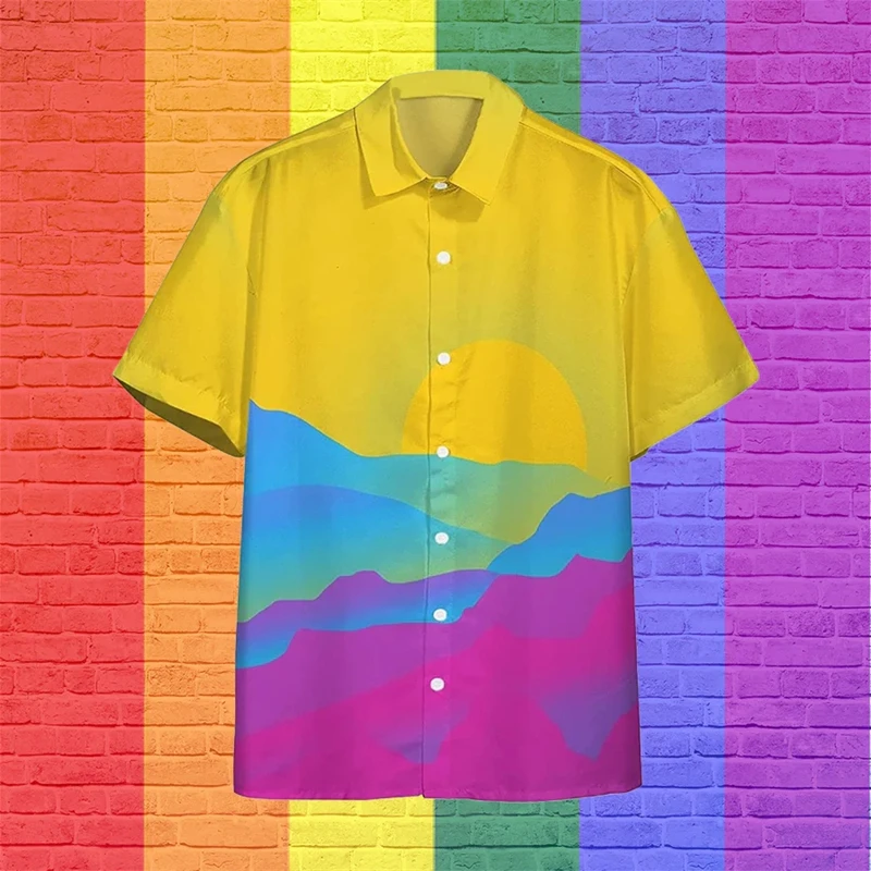 Rainbow Print Shirts Men Fashion Hawaiian Shirt Short-sleeved Harajuku Beach Lapel Buttons Blouse Men's Clothing Camisa 3