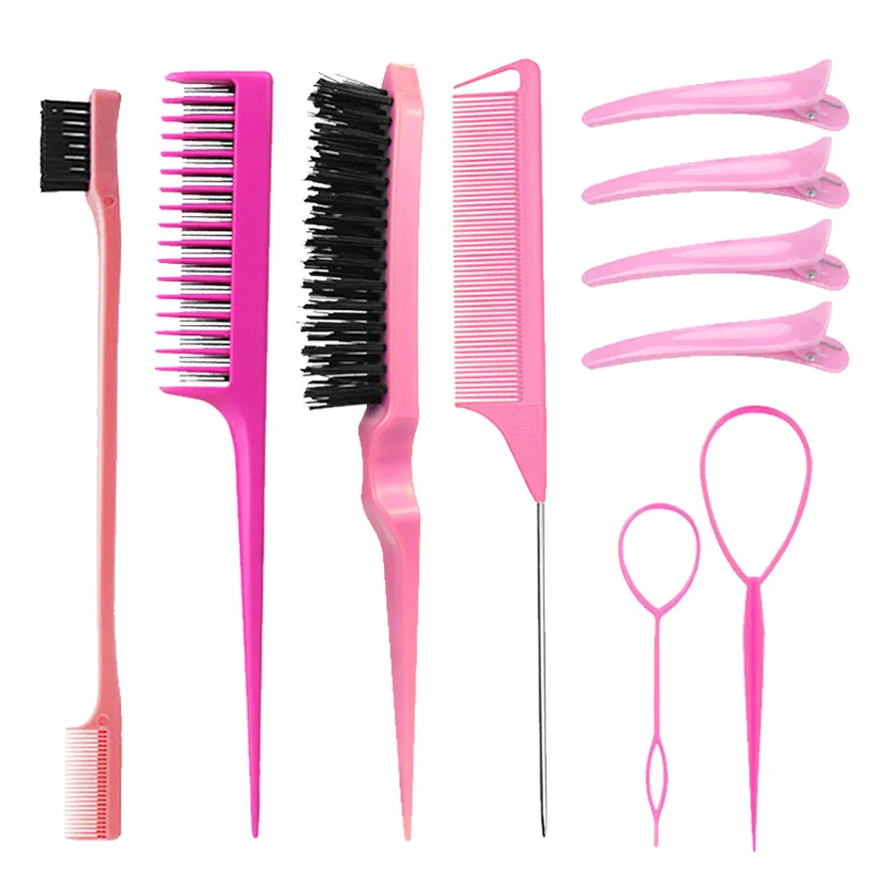 10 stücke Haar Styling Kamm Set Necken Haar Pinsel Triple Necken Kamm Ratte Schwanz Kämme Rand Pinsel Haar Schwanz Werkzeuge geflecht Werkzeug Schleife