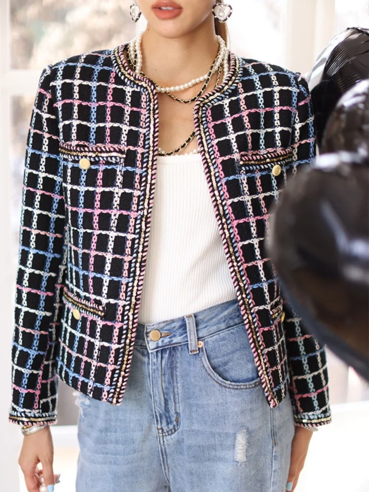 

Small Fragrance Luxury Design Autumn Women Vintage Plaid Tweed Jacket Short Coats Korean Fashion Streetwear 2023 Woolen Outwear