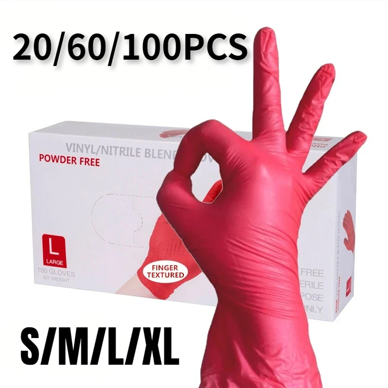 Disposable Gloves 20/60/100PCS Red Disposable Nitrile Gloves Household Waterproof Nitrile Gloves Pet Bathing Kitchen Dishwashing Cleaning Tools