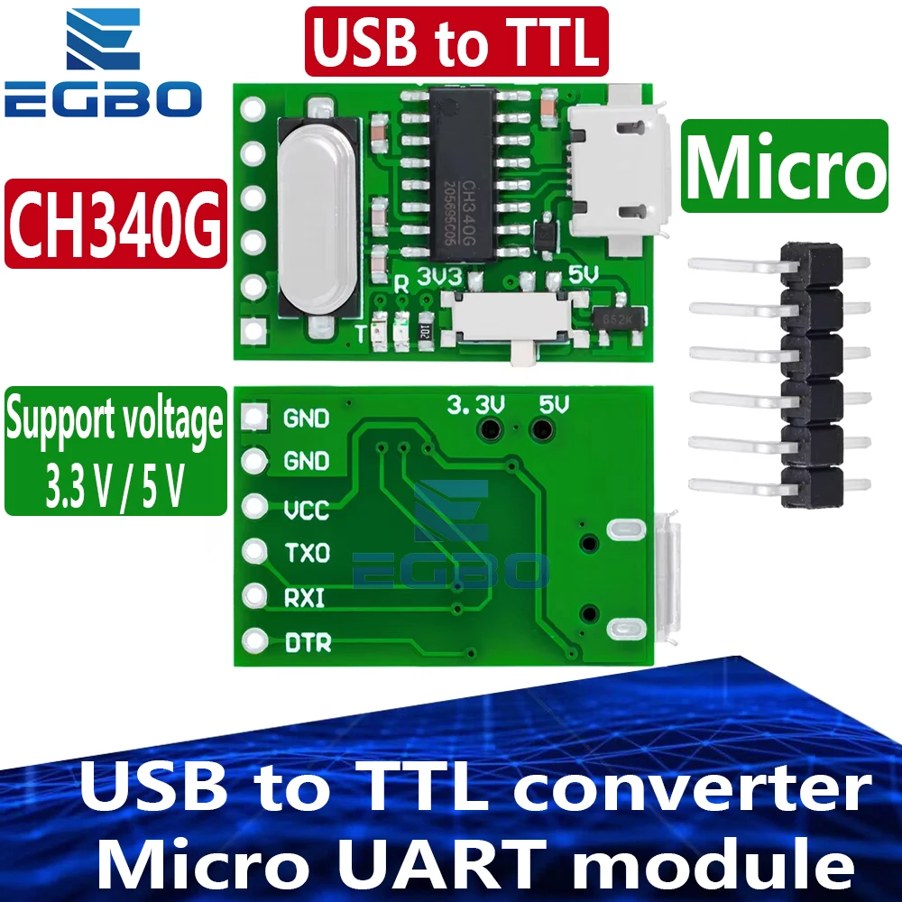 USB-zu-TTL-Konverter, Micro-UART-Modul, CH340G, CH340, 3,3 V, 5 V, Schalter für Downloader Pro Mini.