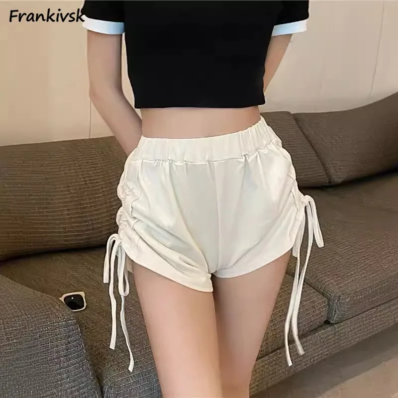 

Shorts Women Casual Simple Lace-up Design Solid Y2k Summer Comfortable Fitness Thin Elastic Waist Shirring Spicy Girls Daily New