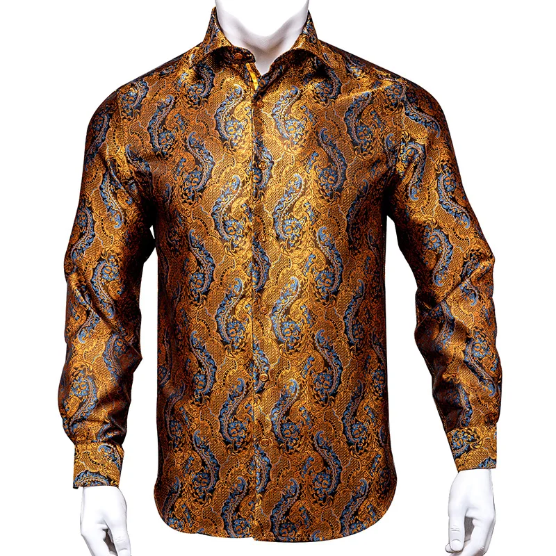 green emerald velvet dress Hi-Tie Mustard Dress Shirt Yellow Golden Paisley Men Long Sleeve Shirt, L main image 0