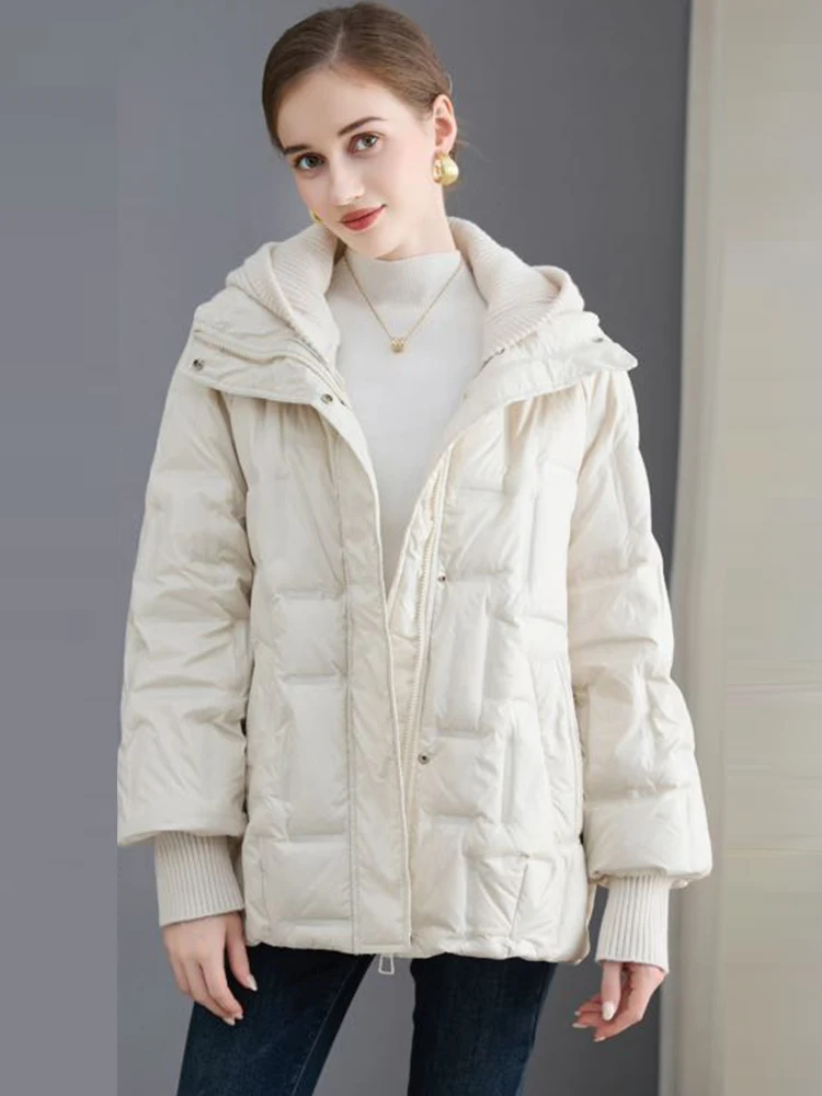 Janveny 2025 New Winter Short White Duck Down Jacket Women Casual Loose Warm Parkas Knitted Hat Detachable Puffer Down Coat