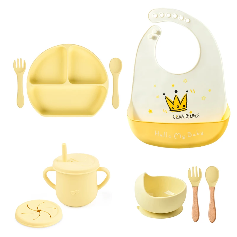 

4/6/8 PCS Baby Soft Silicone Bib Cartoon Printed Bibs Sucker Bowl Plate Cup Spoon Fork Sets Non-slip Children's Dishes BPA Free
