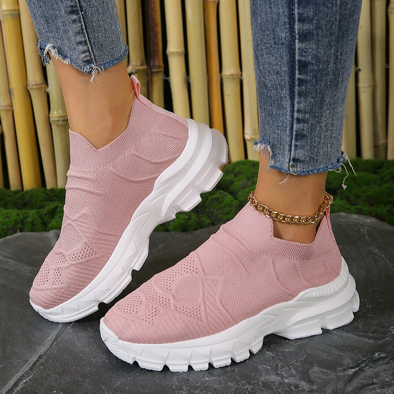 

Women's Large Sports Shoes 2023 Spring/Summer New Thick Sole Mesh Breathable Vulcanized Shoes Running Lazy Shoes