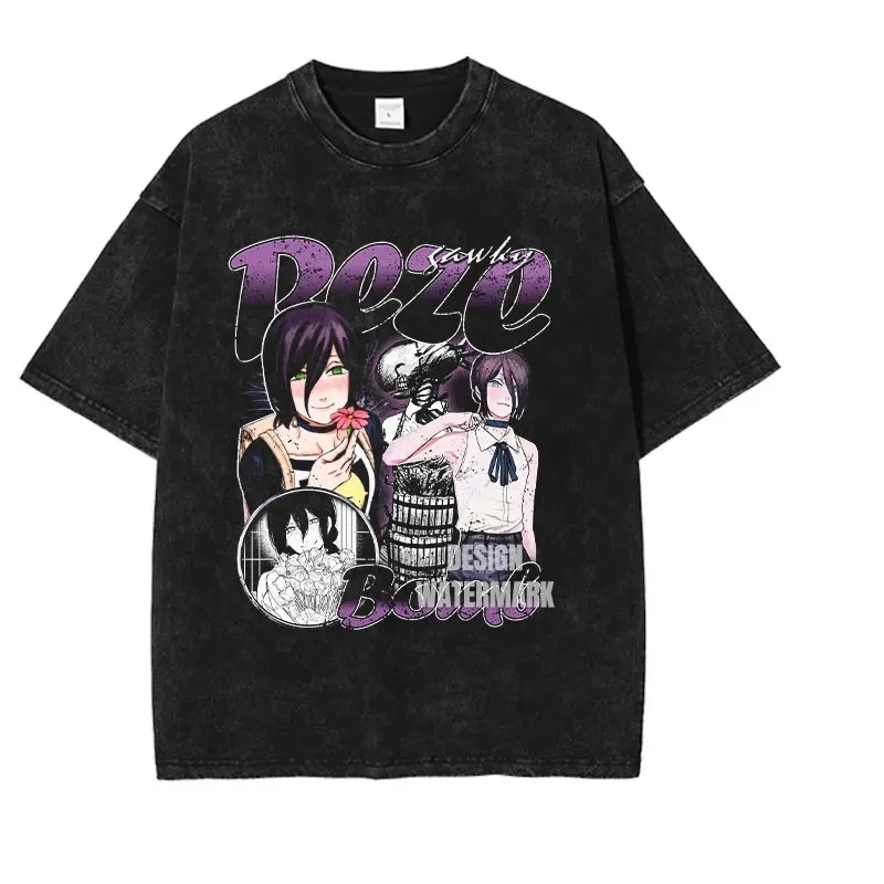 Oversized Vintage Washed Anime Chainsaw Graphic T-Shirt