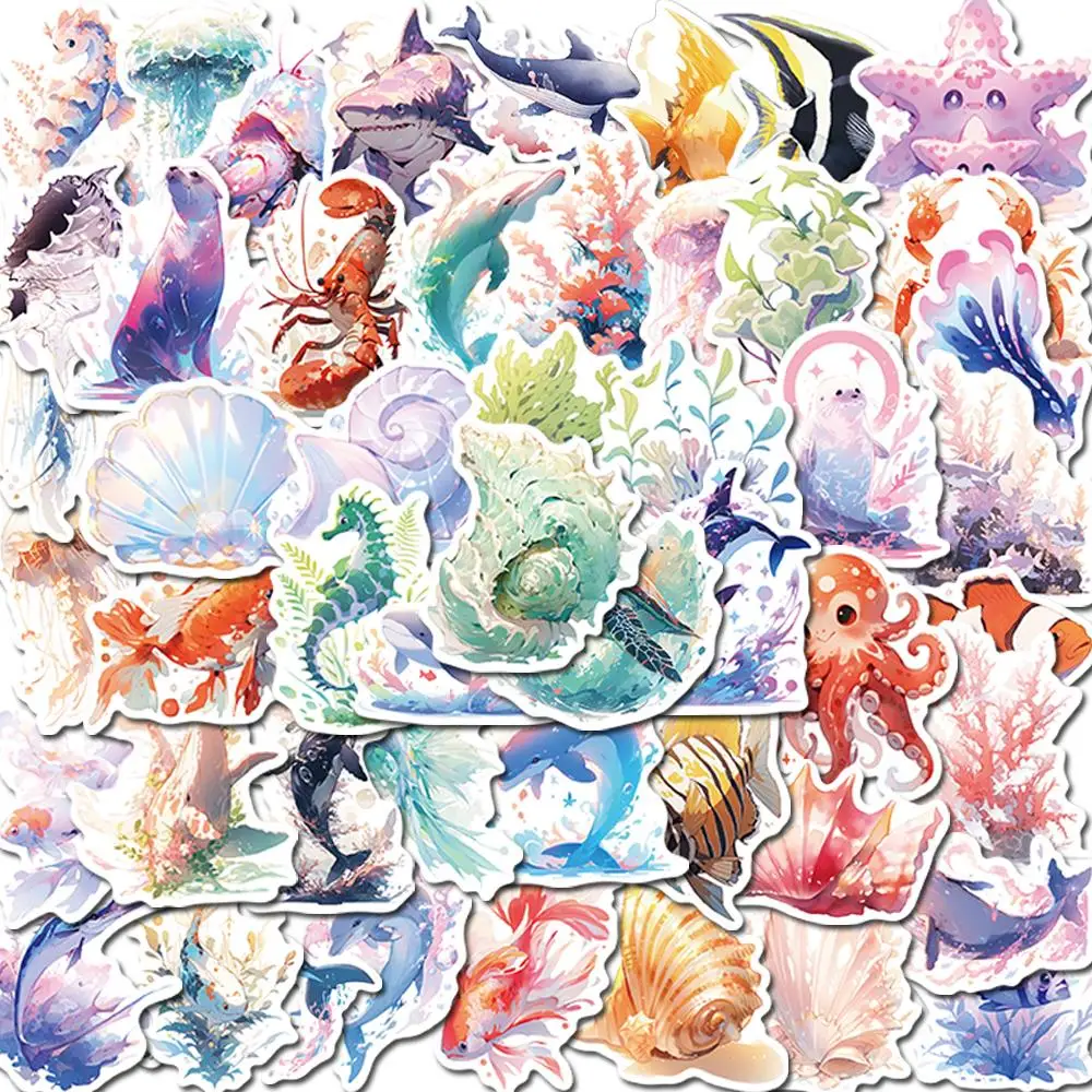 10/25/50PCS Watercolor Sea Creatures Cartoon Stickers For DIY Water Bottle Scrapbook Stationery Laptop Guitar Decal Kids Toys