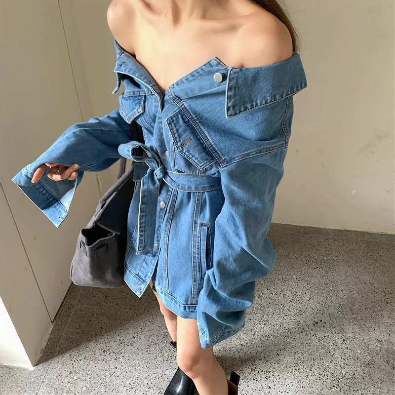 Vintage Off Shoulder Denim Jacket Women Korean Waist Lace Up Cardigan Tops Woman High Street Single Breasted Blue Jean Coats