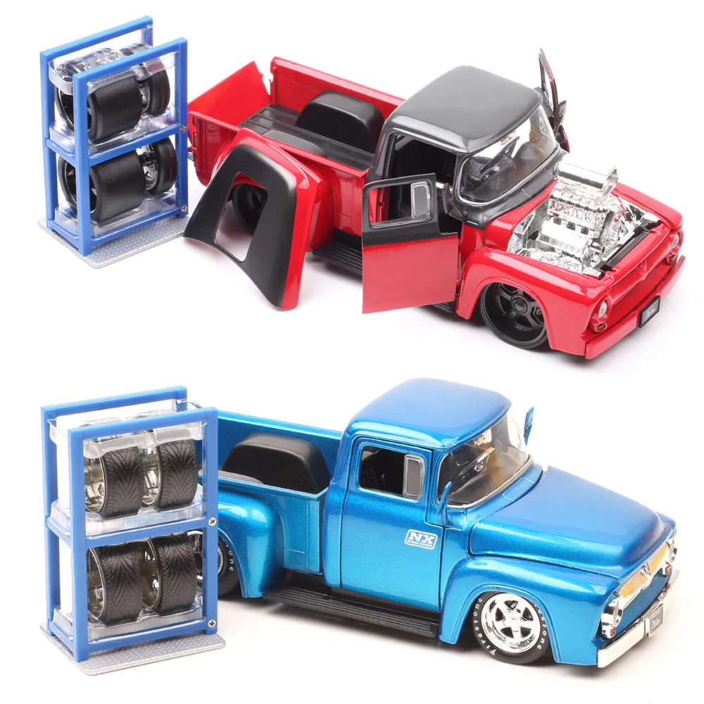 No Box With Extra Tires Jada 1/24 Scale Ford F-100 F100 Pickup Truck 1956 Alloy Diecasts & Toy Vehicles Car Toys Boys Miniatures no box jada 1 24 scale 1947 ford coe fire fireston tow truck vehicle alloy metal diecast model pickup car toys with extra tires