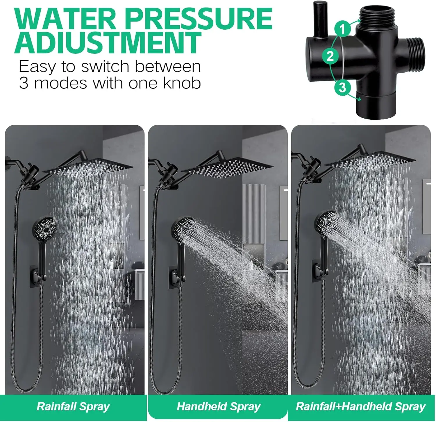 Hand-held spray combination and adjustable extension arm / 3-way flow regulator/shower system, high pressure rain hose 2