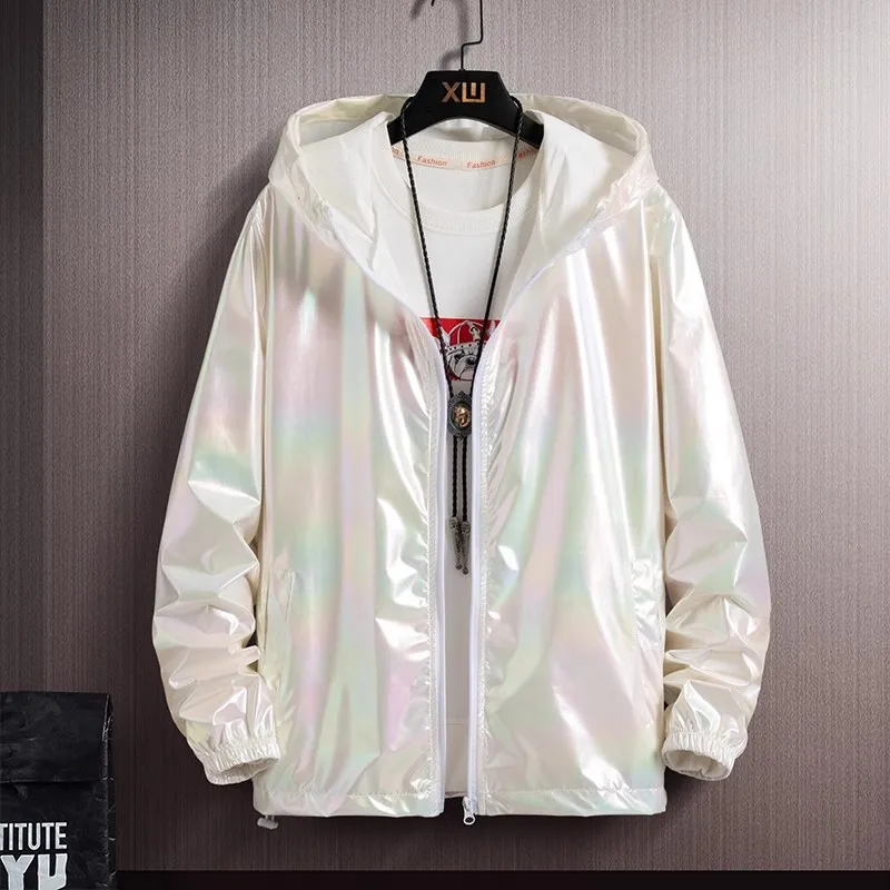 Hooded Men Windbreaker Jacket Solid Spring Autumn Zipper Harajuku Streetwear Male Stage Costume Singer Loose Casual Sport Coats