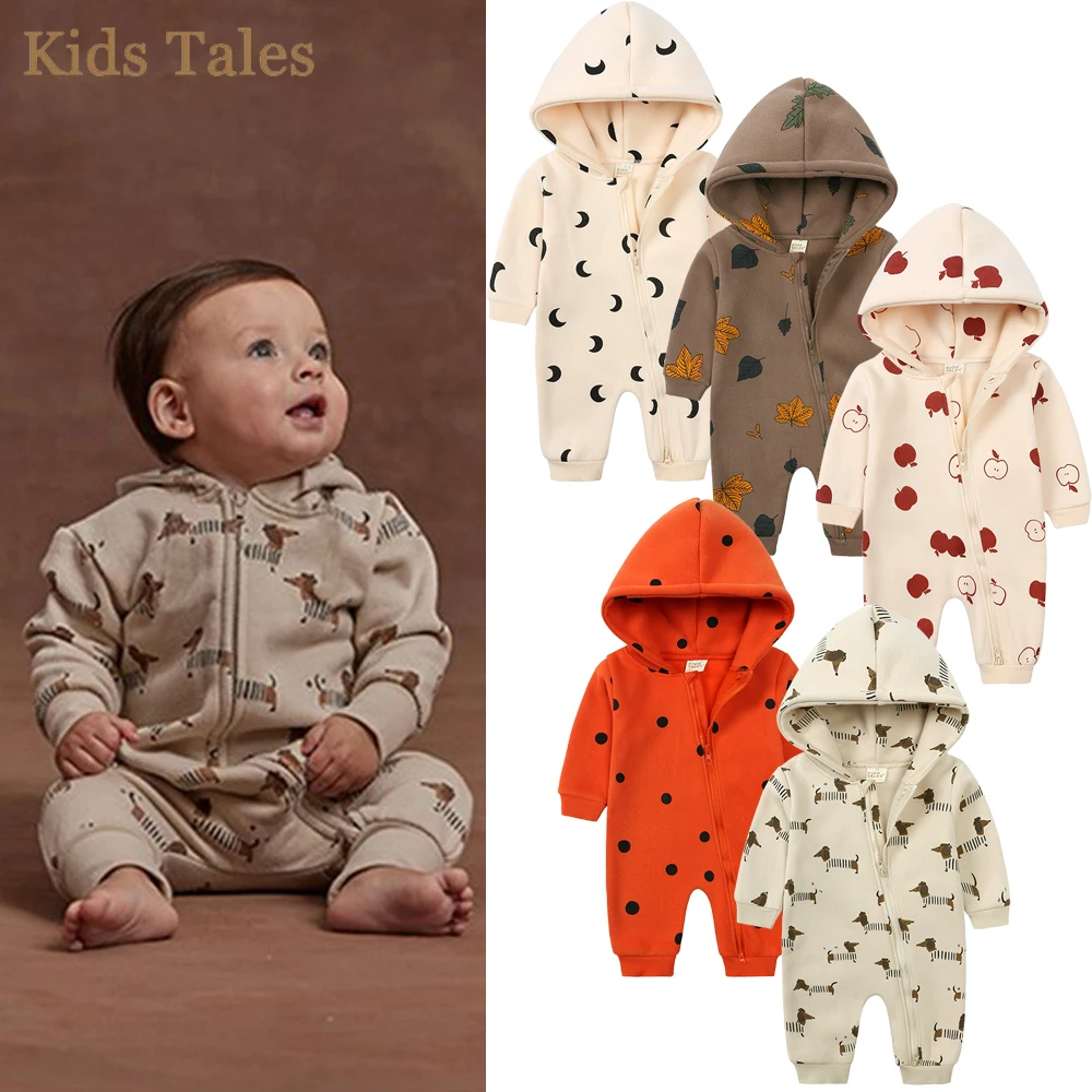 2024 Infant Baby Boys Girls Print Romper Newborn Cotton Fleece Hooded Jumpsuit Toddler Warm Cute Bodysuit Costume For 0-24M 1