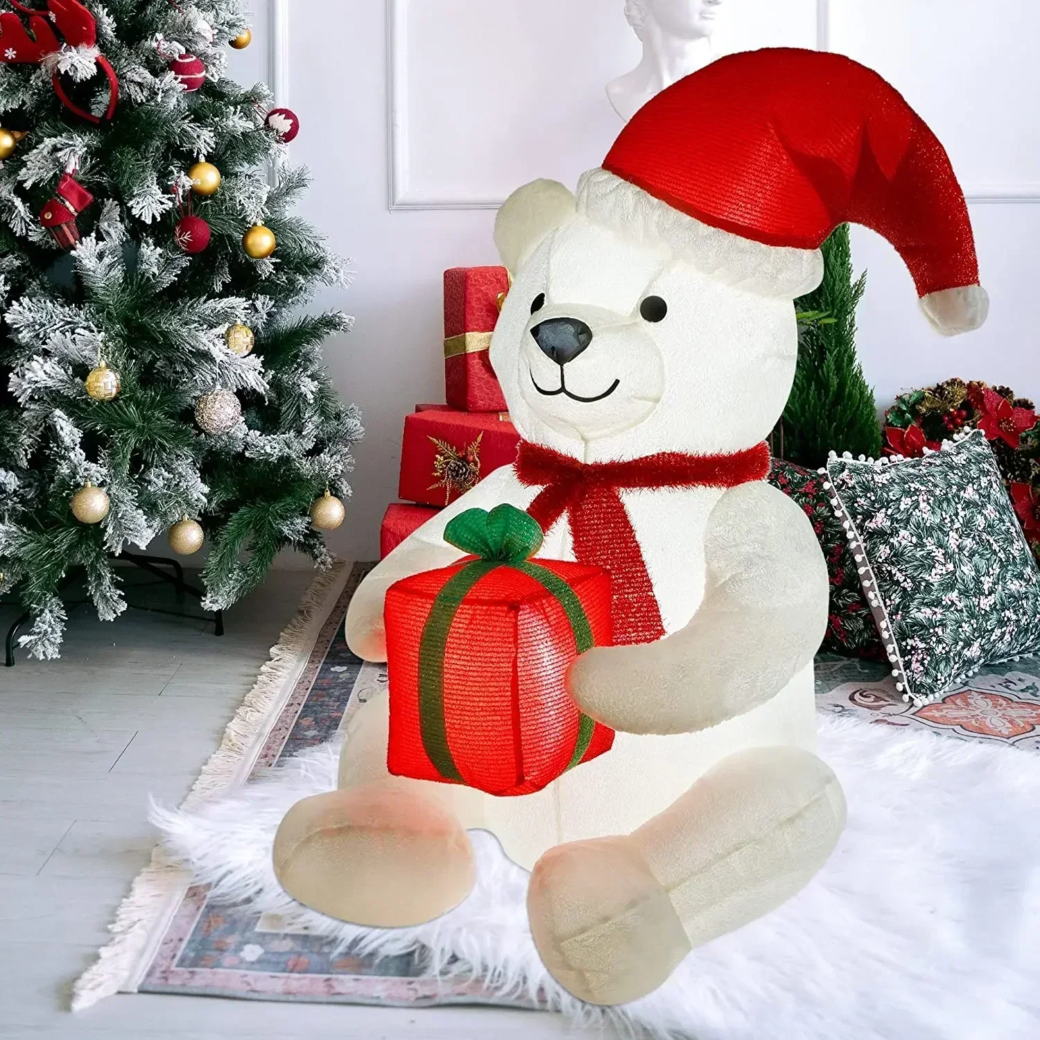 Plush Bear Inflatable Christmas Decoration 3.9ft LED Glowing Polar Bear Blow Up Toys Xmas Decor for Home New Year Party Ornament 3