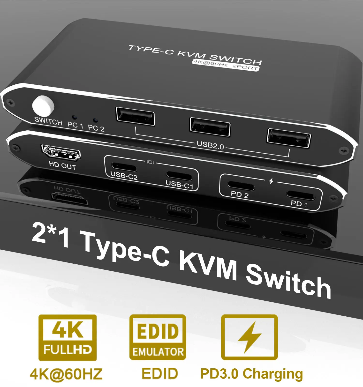 

Type C KVM Switch 2X1 4K 60hz PD3.0 100W Power Delivery Quick Charge Option 2Port 2In 1Out Multi Usb 2.0 X3 Hdmi EDID for Office